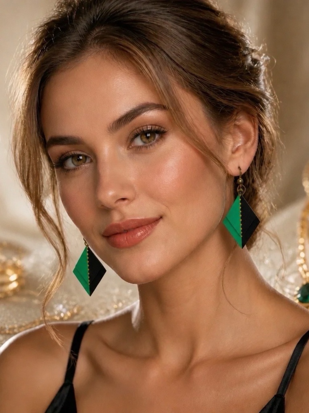 Green & Black Geometric Drop layered Earrings - Women Jewelry